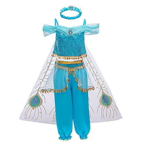 IWEMEK Niña Disfraz de Princesa Jasmine Vestido Aladdin árabe Danza Vientre India Tops Pantalones con Capa y Diadema Traje Carnaval Halloween Cosplay Navidad Cumpleaños Fiesta Costume 01 Azul 8-9