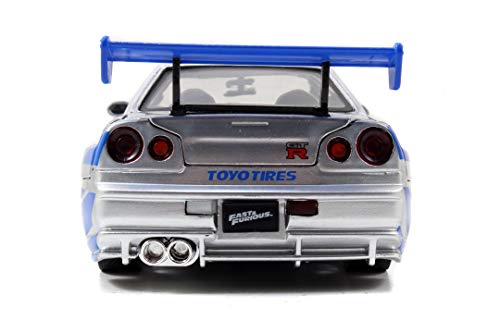 Jada - Fast & Furious Coche Nissan Skyline GT-R R34 2002, Escala 1:24, Hecho en Metal, Neumáticos de Goma, Las Puertas, Capó y Maletero se Abren, Coleccionismo