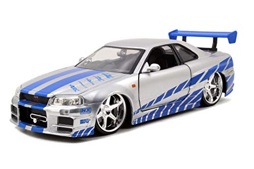 Jada - Fast & Furious Coche Nissan Skyline GT-R R34 2002, Escala 1:24, Hecho en Metal, Neumáticos de Goma, Las Puertas, Capó y Maletero se Abren, Coleccionismo
