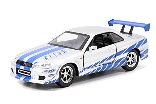 Jada Toys 253204004 Fast & Furious - 2 Coches de Juguete Nissan Skyline 2002, Escala 1:32, Color Plateado y Azul, con Puertas Que se abren, para modelismo