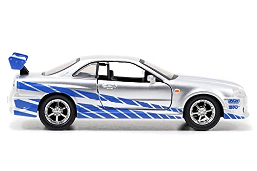 Jada Toys 253204004 Fast & Furious - 2 Coches de Juguete Nissan Skyline 2002, Escala 1:32, Color Plateado y Azul, con Puertas Que se abren, para modelismo