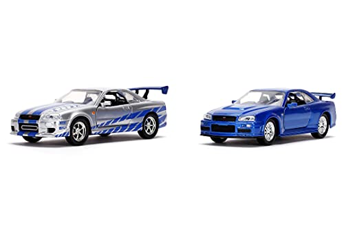 Jada Toys 253204004 Fast & Furious - 2 Coches de Juguete Nissan Skyline 2002, Escala 1:32, Color Plateado y Azul, con Puertas Que se abren, para modelismo