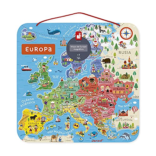 Janod - Puzle Mapa de Europa Magnético de Madera - 40 Piezas Imantadas - 45 X 45 Cm - Versión En Español - Juego Educativo A partir de 7 Años, J05474