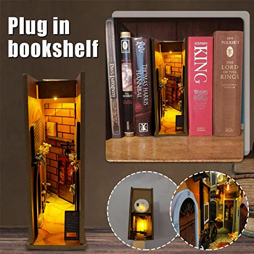 JIJK Sujetalibros de madera – Kit de rincón de libro de callejón retro – Soporte estantería inserto sujetalibros decoración – Kit de construcción modelo Accesorios libros decorativos adornos