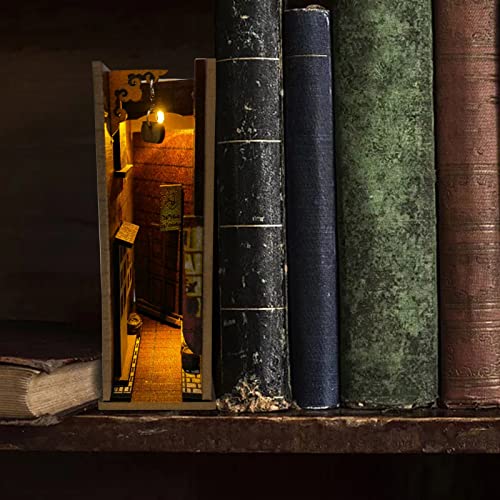 JIJK Sujetalibros de madera – Kit de rincón de libro de callejón retro – Soporte estantería inserto sujetalibros decoración – Kit de construcción modelo Accesorios libros decorativos adornos