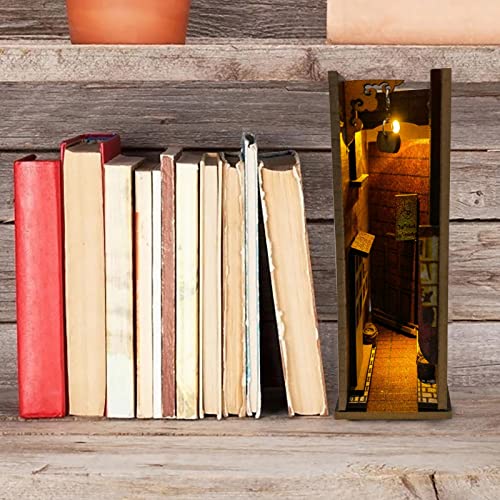 JIJK Sujetalibros de madera – Kit de rincón de libro de callejón retro – Soporte estantería inserto sujetalibros decoración – Kit de construcción modelo Accesorios libros decorativos adornos