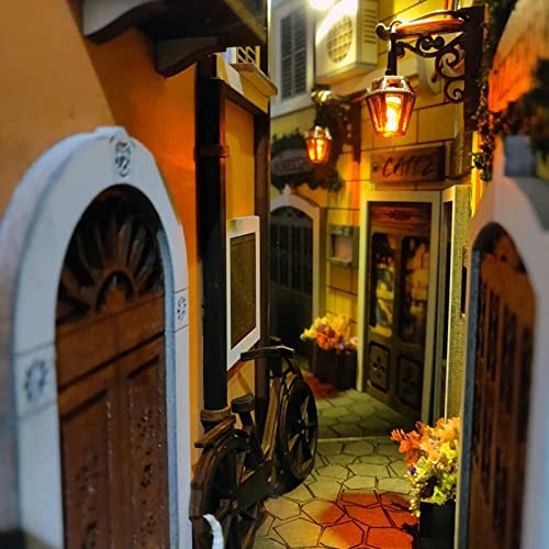 JIJK Sujetalibros de madera – Kit de rincón de libro de callejón retro – Soporte estantería inserto sujetalibros decoración – Kit de construcción modelo Accesorios libros decorativos adornos