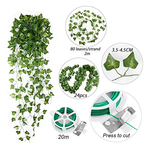 JNCH Planta Hiedra Artificial (24pcs*2m) Decoración, Hojas de Vid, Guirnalda Hiedra Artificial Enredadera, para Hogar Escalera Ventana Balcón Valla Jardín Interior Exterior, Kit 20m Lazo de Torcedura