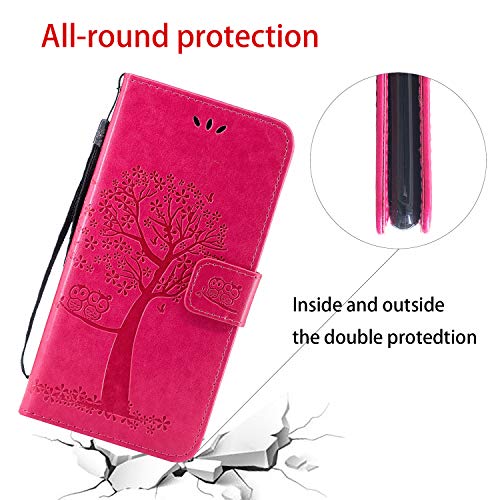 JOMA-E Shop Funda para Huawei Mate20 Pro [con protector de pantalla gratis], diseño de búhos en relieve, piel sintética, tipo cartera, con función atril, para Huawei Mate 20 Pro 2018 (rojo rosa)