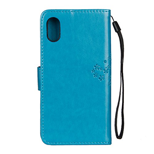 JOMA E-Shop - Funda para iPhone XR (con protector de pantalla gratis), piel de primera calidad, diseño de árbol en relieve, funda con tapa para iPhone XR de 6.1 pulgadas, color azul