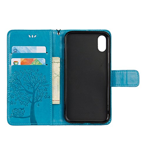 JOMA E-Shop - Funda para iPhone XR (con protector de pantalla gratis), piel de primera calidad, diseño de árbol en relieve, funda con tapa para iPhone XR de 6.1 pulgadas, color azul