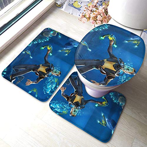 JOOMI Videojuego Subnautica Alfombra de baño, Alfombra de baño, Almohadillas de Contorno, Juego de 3 Piezas de Cubierta de Tapa de Inodoro, Juego de Almohadillas Antideslizantes de Alfombra absorben
