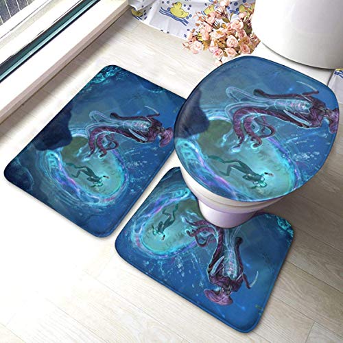 JOOMI Videojuego Subnautica Alfombra de baño, Alfombra de baño, Almohadillas de Contorno, Juego de 3 Piezas de Cubierta de Tapa de Inodoro, Juego de Almohadillas Antideslizantes de Alfombra absorben
