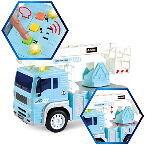 JOYIN 4 Pack de Vehículos Urbanos de Fricción, Camión de Basura, Camión de Bomberos, camión Elevador de Pluma y camión volquete de construcción con Luces y Sonidos