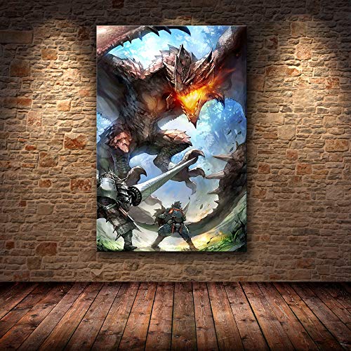 Juego Clásico "Monster Hunter World" Póster Artístico De Decoración De La Sala De Estar Del Hogar Pintura Lienzo Mural Sin Marco 50X60Cm G8706