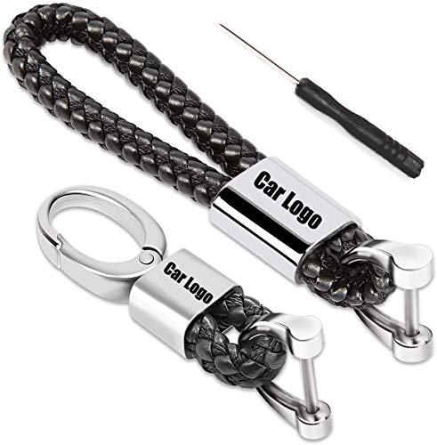 Juego de 2 100% Cuero Llavero con Logo de Coche, Llaveros de piel para coche, con logotipo de coche, Colgante Correa Fina Negro, llaveros con logotipo de Weave (Pe- ugeot)