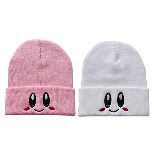 juego de 2 gorros de punto Kirby Star gorro elástico bordado (rosa y blanco)