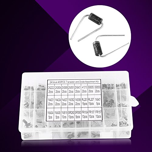 Juego de 400 transistores y diodos rectificadores NPN PNP de 24 valores con caja de plástico transparente.
