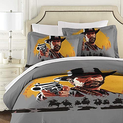 Juego de cama Red Dead Redemption para adultos, Arthur Morgan, juego de funda nórdica con diseño de puesta de sol, silueta PS4, juego de cama (RDR4,155 x 220 cm + 50 x 75 cm x 2)