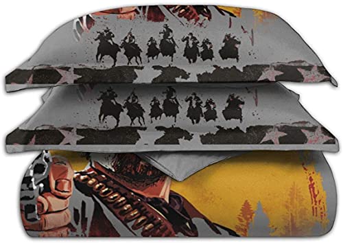 Juego de cama Red Dead Redemption para adultos, Arthur Morgan, juego de funda nórdica con diseño de puesta de sol, silueta PS4, juego de cama (RDR4,155 x 220 cm + 50 x 75 cm x 2)