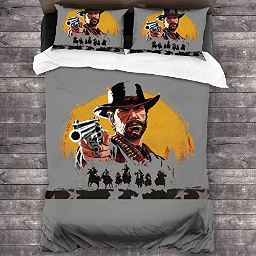 Juego de cama Red Dead Redemption para adultos, Arthur Morgan, juego de funda nórdica con diseño de puesta de sol, silueta PS4, juego de cama (RDR4,155 x 220 cm + 50 x 75 cm x 2)