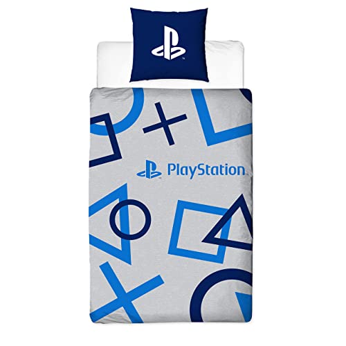 Juego de cama reversible Playstation Blue Symbols | 135 x 200 cm + 80 x 80 cm | Ropa de cama infantil | 100% algodón | con cremallera