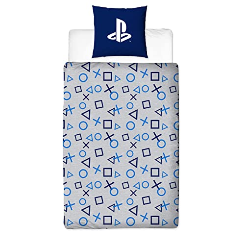 Juego de cama reversible Playstation Blue Symbols | 135 x 200 cm + 80 x 80 cm | Ropa de cama infantil | 100% algodón | con cremallera