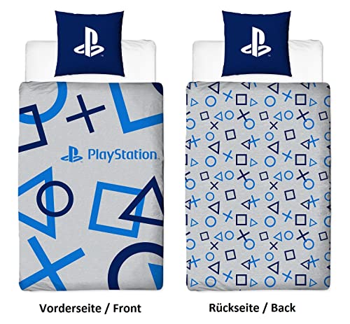 Juego de cama reversible Playstation Blue Symbols | 135 x 200 cm + 80 x 80 cm | Ropa de cama infantil | 100% algodón | con cremallera