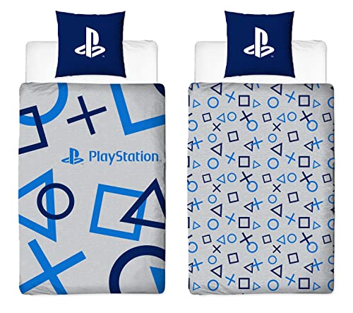 Juego de cama reversible Playstation Blue Symbols | 135 x 200 cm + 80 x 80 cm | Ropa de cama infantil | 100% algodón | con cremallera