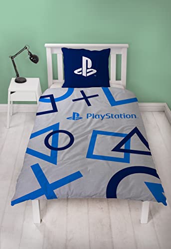 Juego de cama reversible Playstation Blue Symbols | 135 x 200 cm + 80 x 80 cm | Ropa de cama infantil | 100% algodón | con cremallera