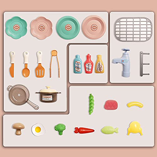 Juego de cocina para niños con sonido ligero, simulación de vapor, fregadero de agua corriente, estufa de cocina con vapor, juguete para barbacoa y alimentos, regalos para niños pequeños 25 piezas