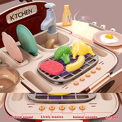 Juego de cocina para niños con sonido ligero, simulación de vapor, fregadero de agua corriente, estufa de cocina con vapor, juguete para barbacoa y alimentos, regalos para niños pequeños 25 piezas