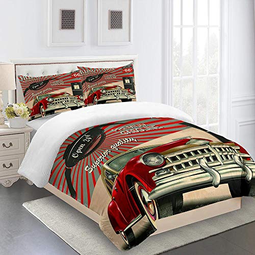 Juego de Funda nórdica con Estampado 200X200cm Gasolinera de la Carretera Juego de Ropa de Cama de Microfibra Funda de Nórdica y 2 Fundas de Almohada 50x75cm.