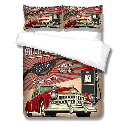 Juego de Funda nórdica con Estampado 200X200cm Gasolinera de la Carretera Juego de Ropa de Cama de Microfibra Funda de Nórdica y 2 Fundas de Almohada 50x75cm.