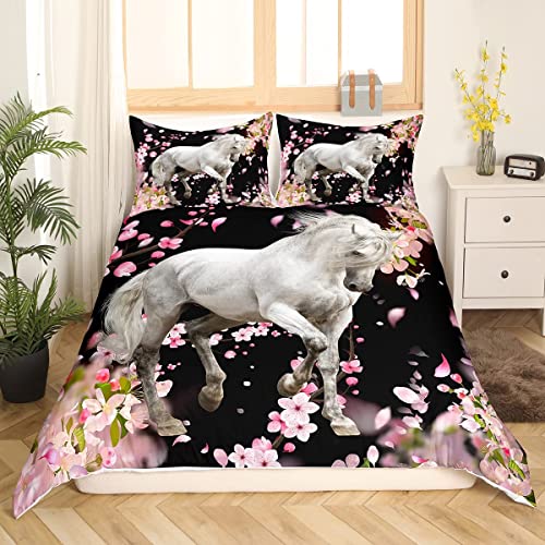 Juego de Funda nórdica de Caballo,Juego de Ropa de Cama con decoración de Caballo Palomino Blanco,Individual para niños,niñas,Juego de Camas con patrón de Animales Salvajes,colección de Dorm