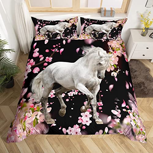 Juego de Funda nórdica de Caballo,Juego de Ropa de Cama con decoración de Caballo Palomino Blanco,Individual para niños,niñas,Juego de Camas con patrón de Animales Salvajes,colección de Dorm