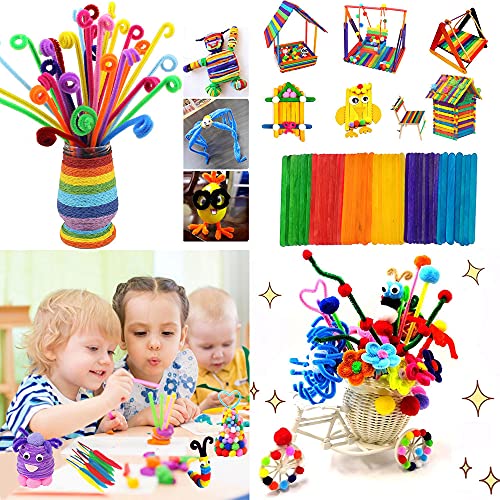Juego de Manualidades, Kit Manualidades niños, Pipe Cleaners Crafts Set, Limpiadores de Pipa Chenilla y Pompoms con Wiggle Eyes y Craft Sticks, Juego Creativo Regalo para Craft DIY Art Supplies