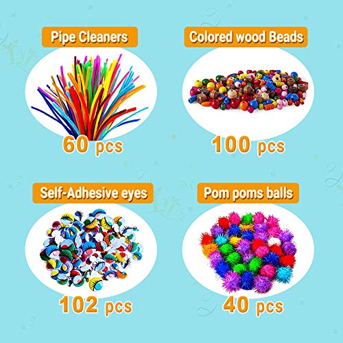 Juego de Manualidades, Kit Manualidades niños, Pipe Cleaners Crafts Set, Limpiadores de Pipa Chenilla y Pompoms con Wiggle Eyes y Craft Sticks, Juego Creativo Regalo para Craft DIY Art Supplies