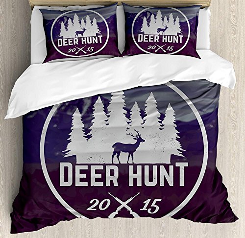 Juego de sábanas de caza de 3 piezas Juego de funda nórdica, diseño de emblema de Deer Hunt Pines con montañas nevadas de asta de silueta, juego de fundas de edredón / Qulit de 3 piezas con 2 fundas d