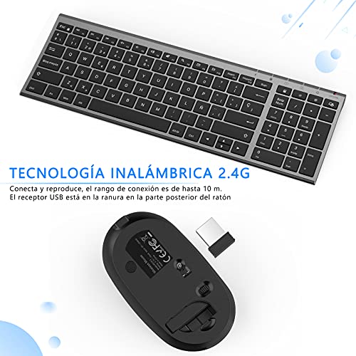 Juego de Teclado y Ratón Inalámbricos Recargables para Windows, Teclado Español Ultra Delgado y Ratón Silencioso con Receptor USB, para PC/Portátil/Ordenador, Negro y Gris