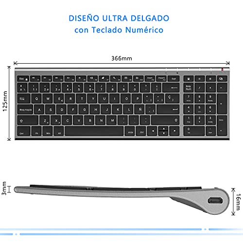 Juego de Teclado y Ratón Inalámbricos Recargables para Windows, Teclado Español Ultra Delgado y Ratón Silencioso con Receptor USB, para PC/Portátil/Ordenador, Negro y Gris