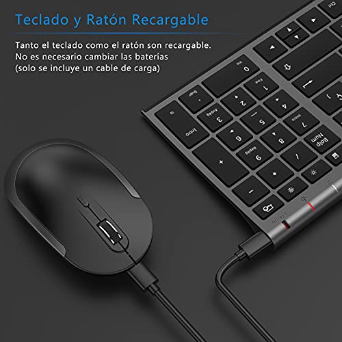 Juego de Teclado y Ratón Inalámbricos Recargables para Windows, Teclado Español Ultra Delgado y Ratón Silencioso con Receptor USB, para PC/Portátil/Ordenador, Negro y Gris