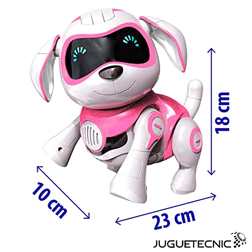 JUGUETECNIC │Perro Robot para Niños Interactivo Rock │Muestra Emociones y Movimiento │ Ladra y Juega con su Hueso │ Batería Recargable y Cable USB (VERSIÓN ESPAÑOL, Azul)