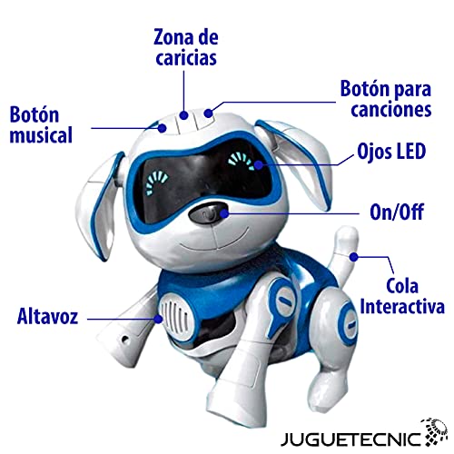JUGUETECNIC │Perro Robot para Niños Interactivo Rock │Muestra Emociones y Movimiento │ Ladra y Juega con su Hueso │ Batería Recargable y Cable USB (VERSIÓN ESPAÑOL, Azul)