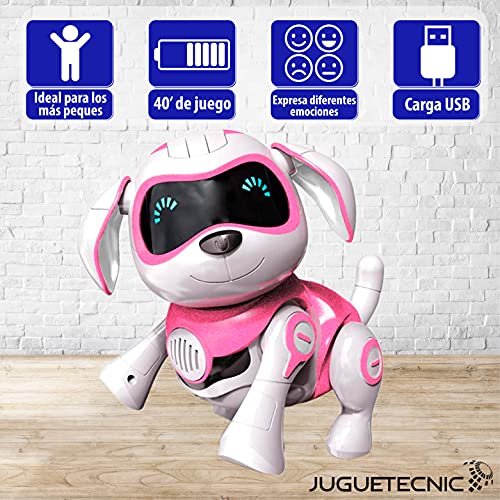 JUGUETECNIC │Perro Robot para Niños Interactivo Rock │Muestra Emociones y Movimiento │ Ladra y Juega con su Hueso │ Batería Recargable y Cable USB (VERSIÓN ESPAÑOL, Azul)