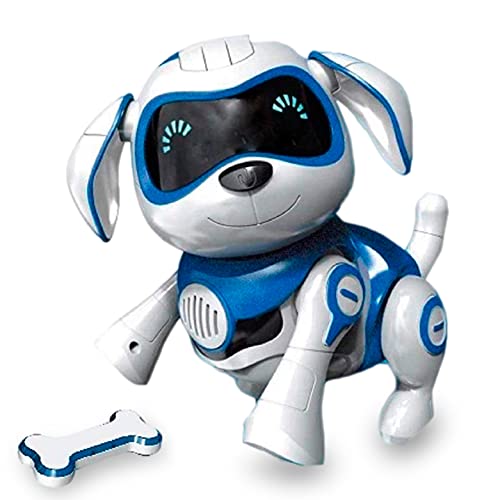 JUGUETECNIC │Perro Robot para Niños Interactivo Rock │Muestra Emociones y Movimiento │ Ladra y Juega con su Hueso │ Batería Recargable y Cable USB (VERSIÓN ESPAÑOL, Azul)