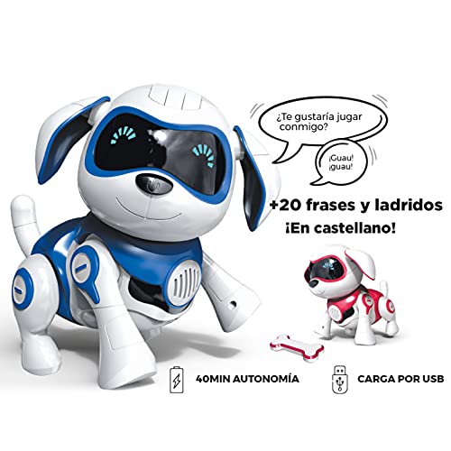 JUGUETECNIC │Perro Robot para Niños Interactivo Rock │Muestra Emociones y Movimiento │ Ladra y Juega con su Hueso │ Batería Recargable y Cable USB (VERSIÓN ESPAÑOL, Azul)