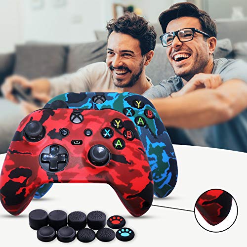 Jusy Xbox Series X/S Controller - Funda de silicona suave y antideslizante para el sudor, juego de accesorios de protección, con 10 empuñaduras para el pulgar (rojo+azul)