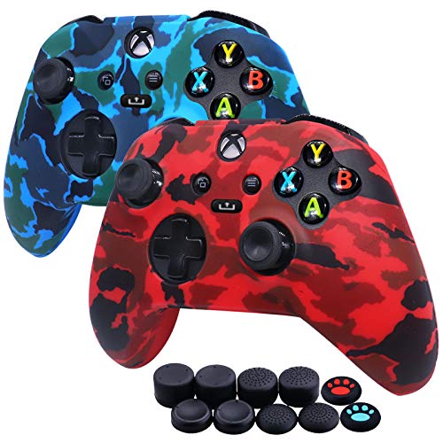 Jusy Xbox Series X/S Controller - Funda de silicona suave y antideslizante para el sudor, juego de accesorios de protección, con 10 empuñaduras para el pulgar (rojo+azul)