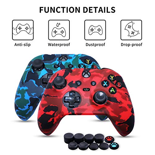 Jusy Xbox Series X/S Controller - Funda de silicona suave y antideslizante para el sudor, juego de accesorios de protección, con 10 empuñaduras para el pulgar (rojo+azul)